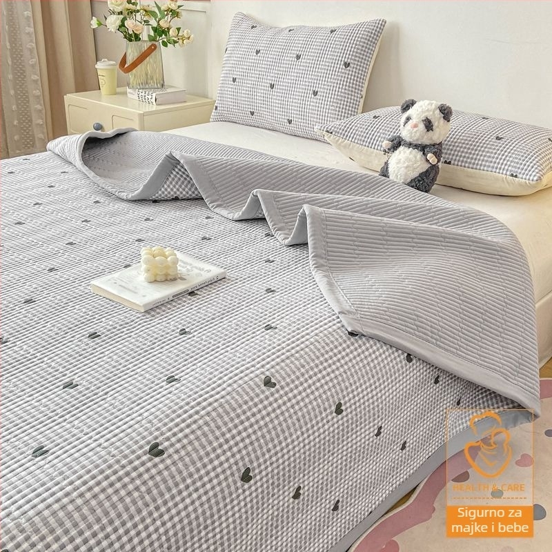 Tročlani set prekrivača za krevet, kviliran protuklizni, prugasti uzorak, poliester vlakno, reaktivno bojanje, obostrano