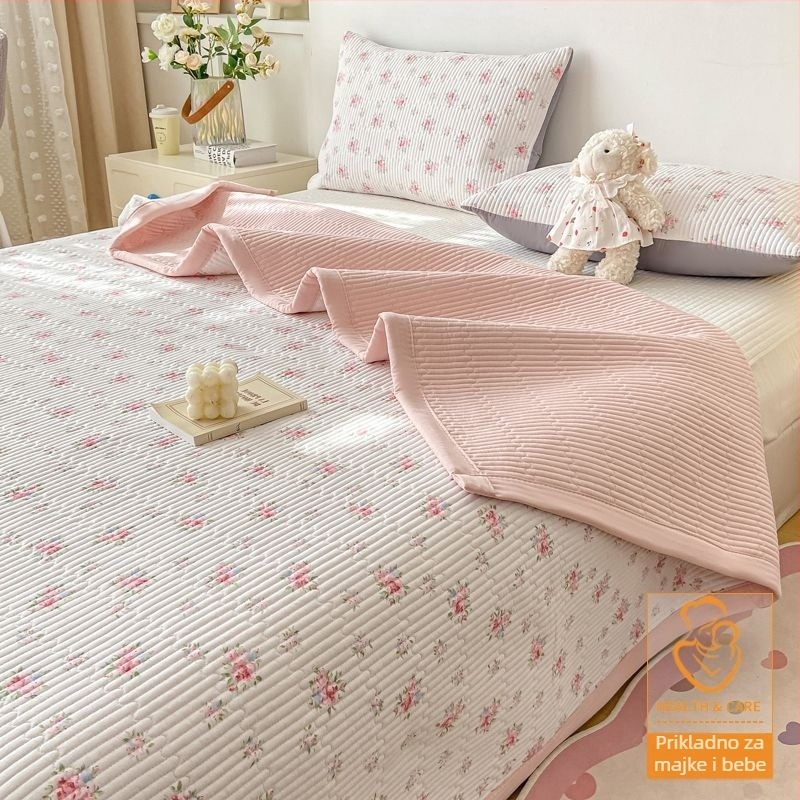 Tročlani set prekrivača za krevet, kviliran protuklizni, prugasti uzorak, poliester vlakno, reaktivno bojanje, obostrano