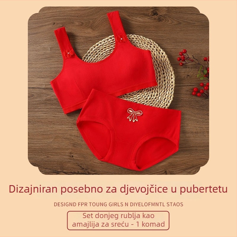 Crveni pamukasti set donjeg rublja za djevojčice 12–16 godina, s grudnjakom bez naramenica i topom