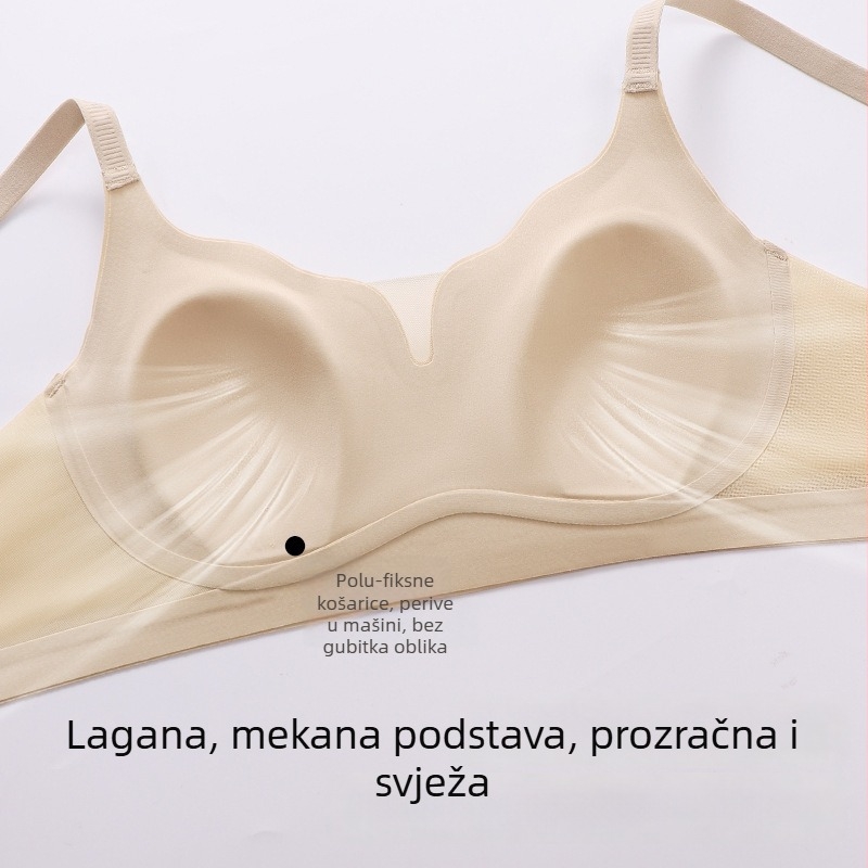Grudnjak s tankim oblikom košarica, bešavni i prozračni najlonski materijal, podstava 70–80% najlona, fiksne dvostruke naramenice, stražnji četiri reda kopči