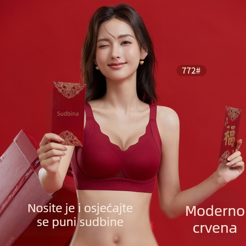Crveni set donjeg rublja za žene u godini zodijaka, podiže i oblikuje grudi, vizualno čini grudi manjima, skuplja bočne tkivo, mekani potporni grudnjak bez žice