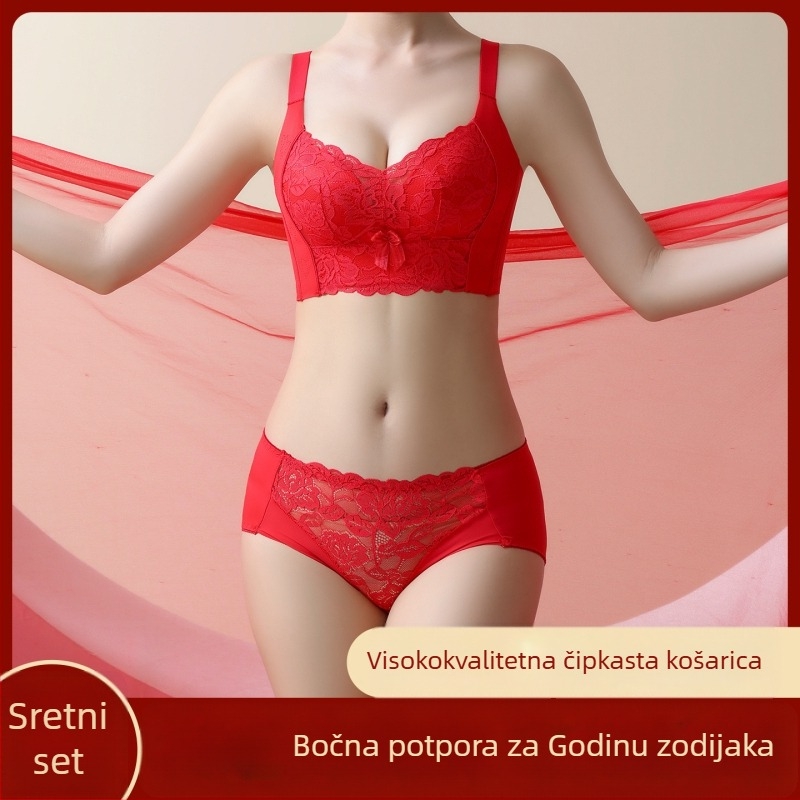 Crveni set donjeg rublja za nevjestu, bez žice, s podizanjem i bočnom podrškom, grudnjak s košaricom 3/4, čipka