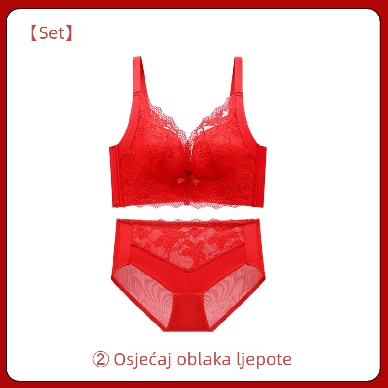 Crveni set donjeg rublja za nevjestu, bez žice, s podizanjem i bočnom podrškom, grudnjak s košaricom 3/4, čipka