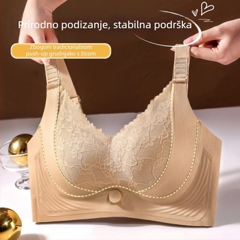Bežični čipkasti push-up grudnjak, 3/4 košarice, latex u obliku košarice s masažnim česticama, bočno skupljanje za konturu i anti-sag
