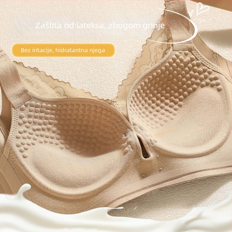 Bežični čipkasti push-up grudnjak, 3/4 košarice, latex u obliku košarice s masažnim česticama, bočno skupljanje za konturu i anti-sag