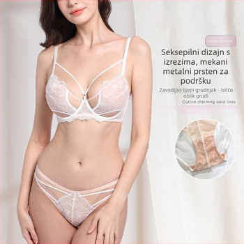 Francuski stil seksi čipkasti Push-Up grudnjak u kompletu, 3/4 košarice, tanke oblikovane košarice, fiksne dvostruke naramenice, prozračna čipka za ljeto