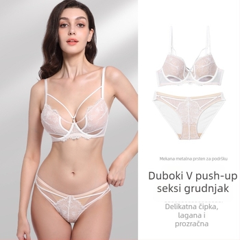 Francuski stil seksi čipkasti Push-Up grudnjak u kompletu, 3/4 košarice, tanke oblikovane košarice, fiksne dvostruke naramenice, prozračna čipka za ljeto