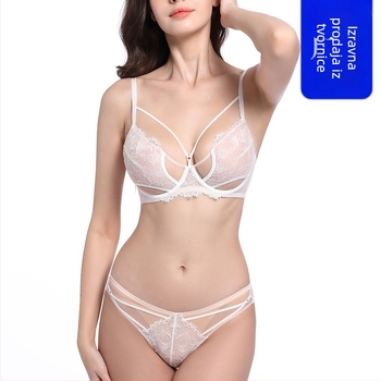 Francuski stil seksi čipkasti Push-Up grudnjak u kompletu, 3/4 košarice, tanke oblikovane košarice, fiksne dvostruke naramenice, prozračna čipka za ljeto