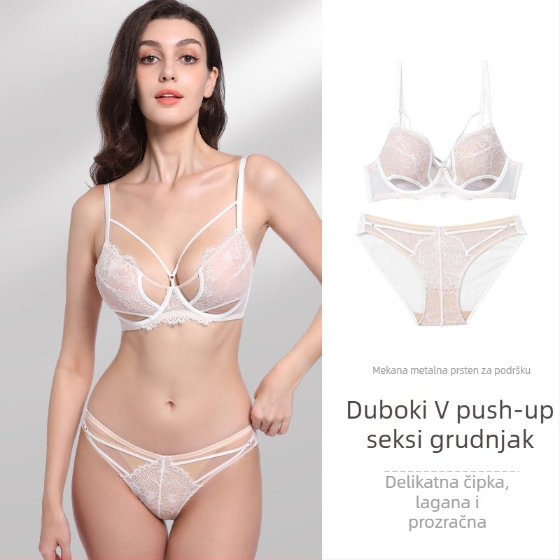 Francuski stil seksi čipkasti Push-Up grudnjak u kompletu, 3/4 košarice, tanke oblikovane košarice, fiksne dvostruke naramenice, prozračna čipka za ljeto