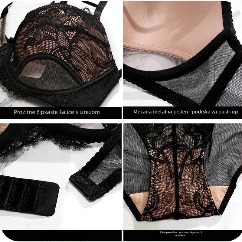 Francuski stil seksi čipkasti Push-Up grudnjak u kompletu, 3/4 košarice, tanke oblikovane košarice, fiksne dvostruke naramenice, prozračna čipka za ljeto