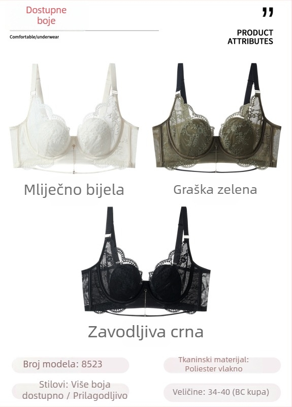Čipkasti grudnjak u francuskom stilu, 3/4 košarice, oblik s tanjim gornjim dijelom i debelim donjim dijelom, fiksni naramenice, stražnje kopčanje s tri reda