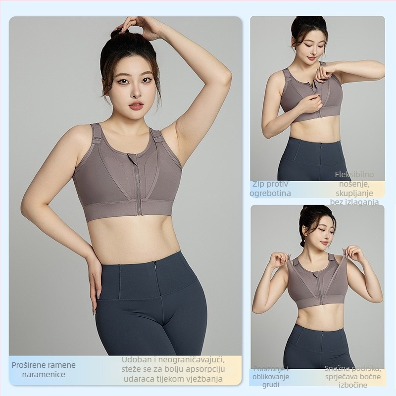 Plus-size sportski top za fitness i jogu s punim košaricama, pun košarice, srednji oblik kalupa, čvrste dvostruke naramenice, prednje kopčanje, glavni materijal Nylon 75% / podstava Spandex 25%