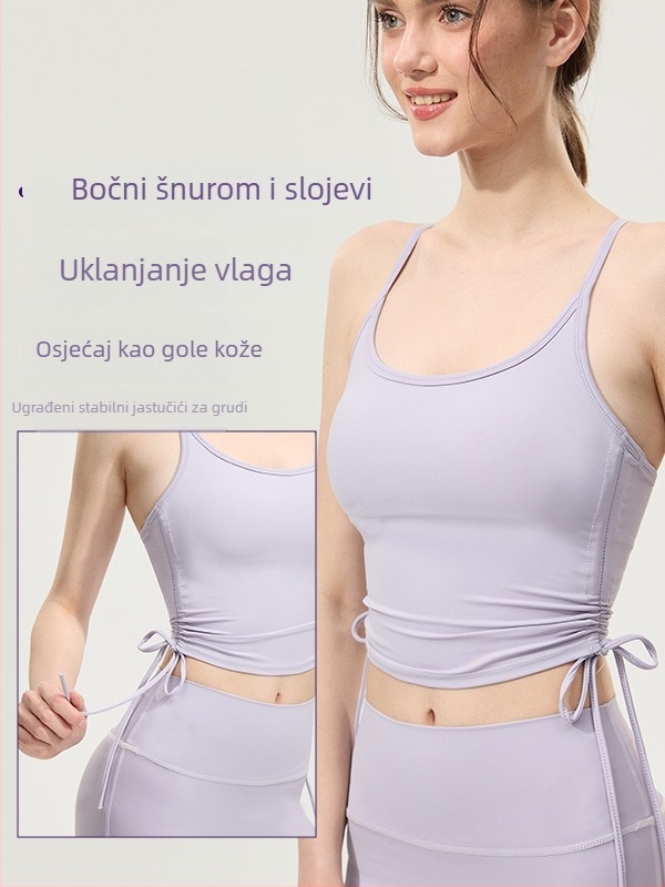 Sportski grudnjak u stilu vesta, s punim košaricama, oblikovan košarice (gornji dio tan, donji dio debeo), naramenice u obliku Y, jednopredmetni dizajn, glavna tkanina 80% najlona