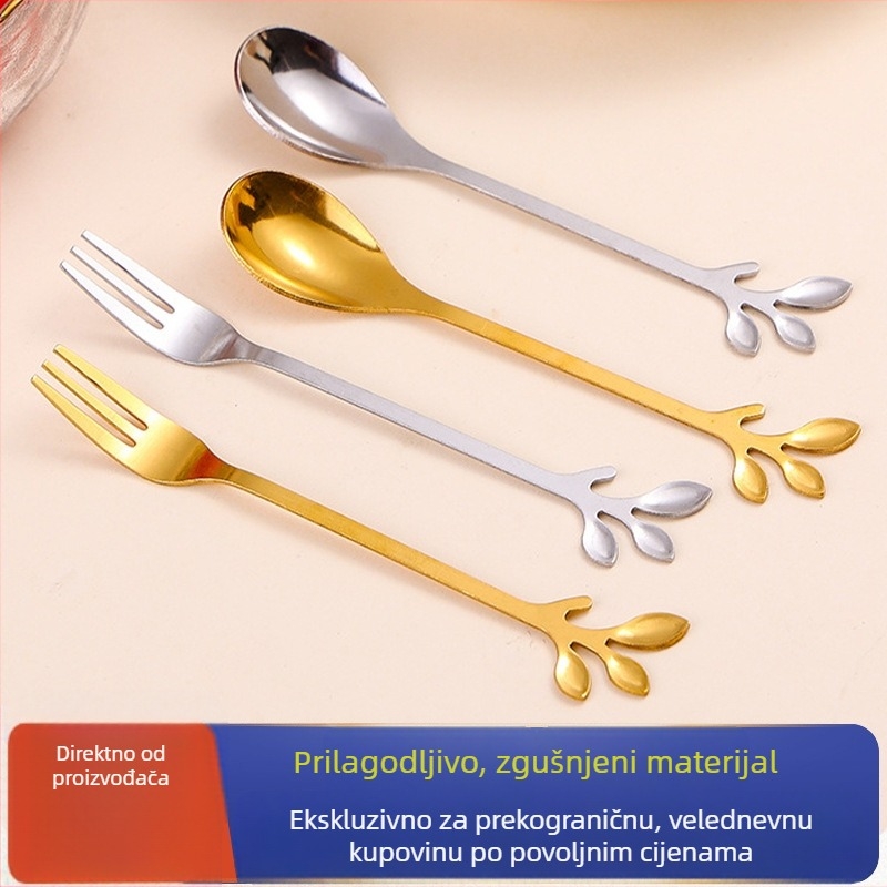 Set žlice i viljuse od nehrđajućeg čelika s oblikom lista, 2-dijelni set, moderan minimalistički stil, mogućnost otiska logotipa