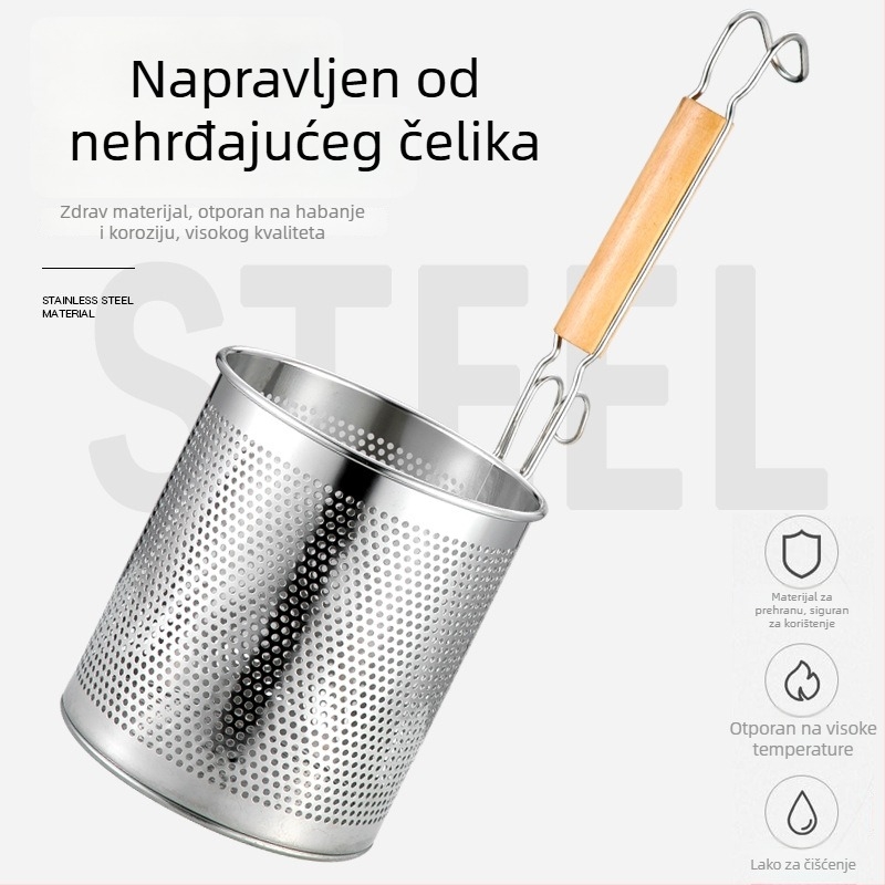 Žlica od nehrđajućeg čelika sa mrežastim sitom i drvenom ručkom – protuklizna, zaštita od opeklina, pogodna za rezance i povrće