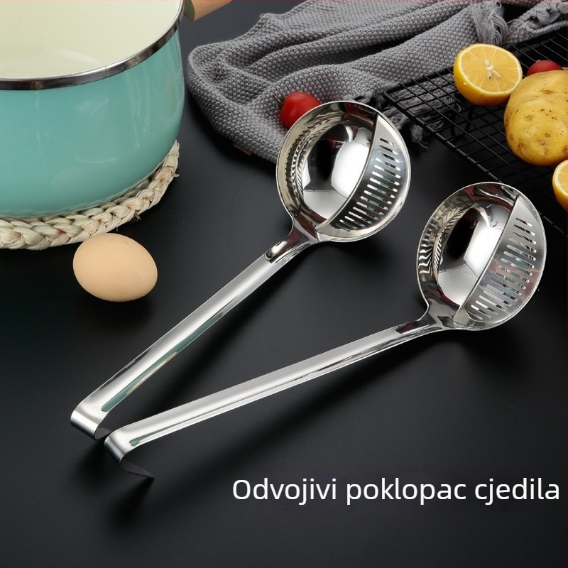Nerđajući čelična dvostruka žlica za lonac s ugrađenom cjediljkom, protuklizna, otporna na visoke temperature