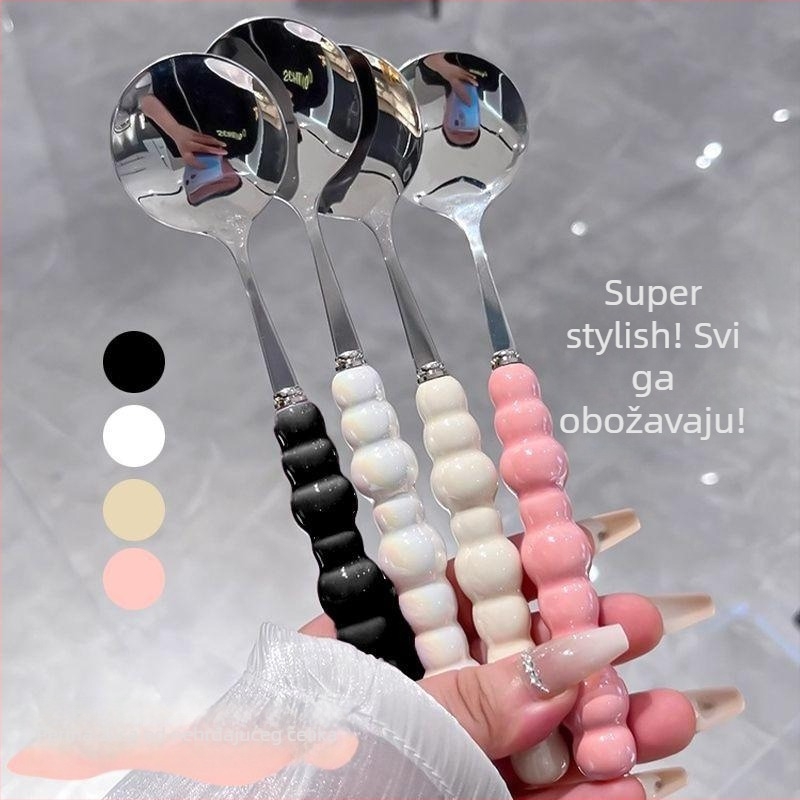 Žlica od nehrđajućeg čelika 400-serije s držkom od lažno keramike, moderan minimalist stil, okrugli oblik, otporna na visoke temperature