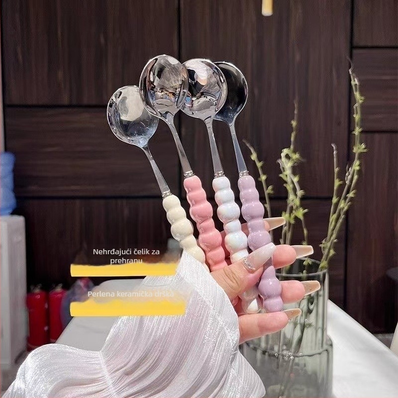Žlica od nehrđajućeg čelika 400-serije s držkom od lažno keramike, moderan minimalist stil, okrugli oblik, otporna na visoke temperature