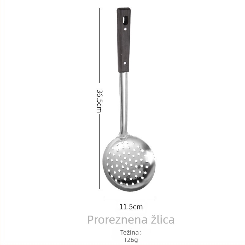 Set posuđa od nehrđajućeg čelika: žlica za juhu i spatula s drškom u imitaciji drveta, žlica s otvorima