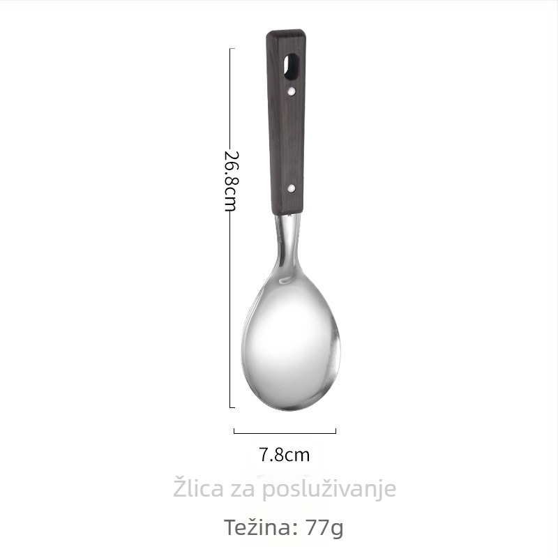 Set posuđa od nehrđajućeg čelika: žlica za juhu i spatula s drškom u imitaciji drveta, žlica s otvorima