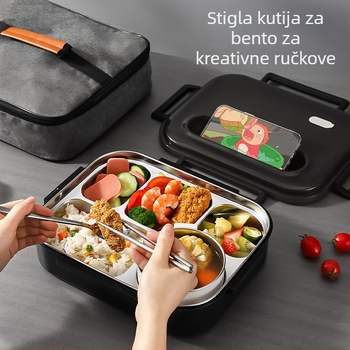 Kutija za ručak od 316 nerđajućeg čelika s četiri pretinca, pogodna za mikrovalnu pećnicu, kapacitet 1–2 l, za studente