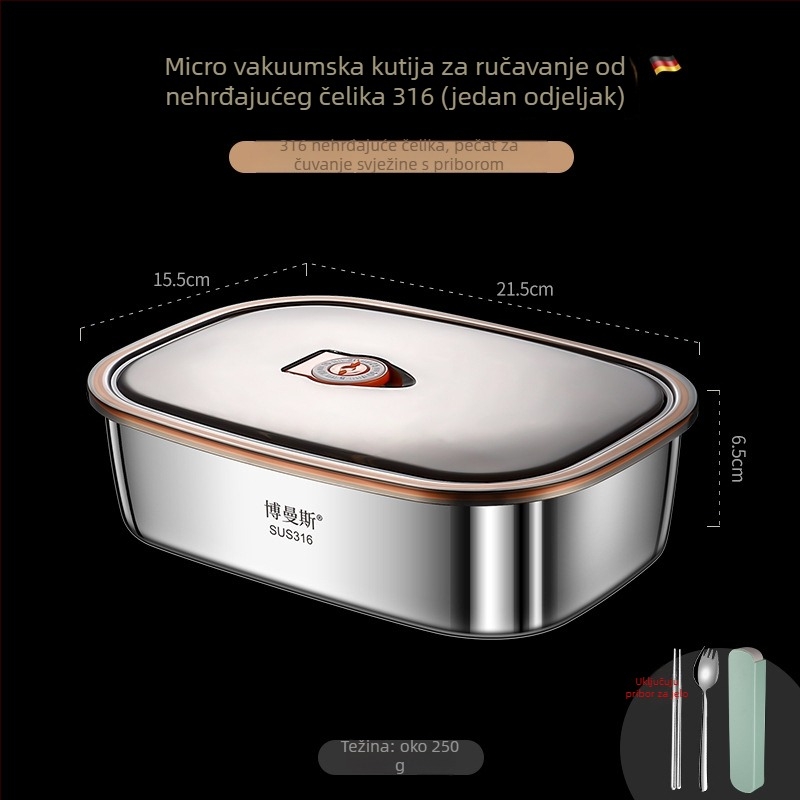 Set kutija za ručak od 316 nehrđajućeg čelika, pravokutni, dvostruki sloj, sigurno za mikrovalnu, kapacitet 2,1–3 L / 4,1–5 L