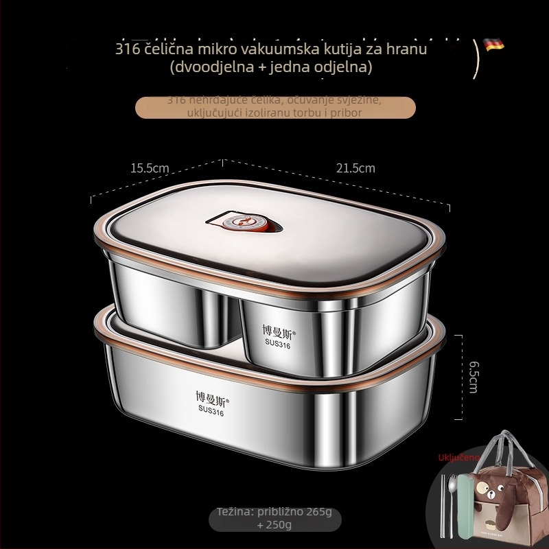 Set kutija za ručak od 316 nehrđajućeg čelika, pravokutni, dvostruki sloj, sigurno za mikrovalnu, kapacitet 2,1–3 L / 4,1–5 L
