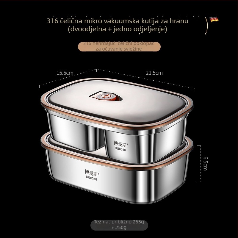 Set kutija za ručak od 316 nehrđajućeg čelika, pravokutni, dvostruki sloj, sigurno za mikrovalnu, kapacitet 2,1–3 L / 4,1–5 L