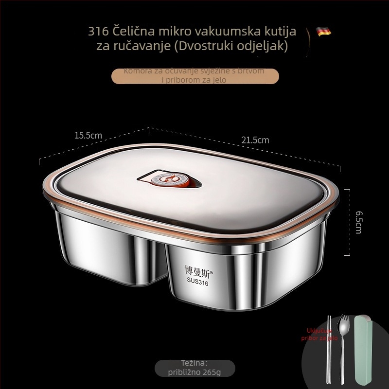 Set kutija za ručak od 316 nehrđajućeg čelika, pravokutni, dvostruki sloj, sigurno za mikrovalnu, kapacitet 2,1–3 L / 4,1–5 L