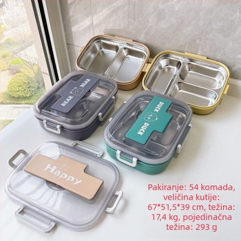 Nehrđajuća čelična kutija za ručak s tri odjeljka, pribor uključen, izolirana, kapacitet 501-800 ml