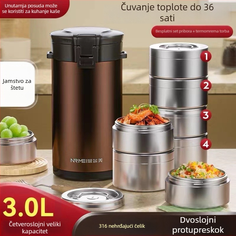Enermei izolirana kutija za obrok, 316 nehrđajući čelik, četiri sloja, okrugli dizajn