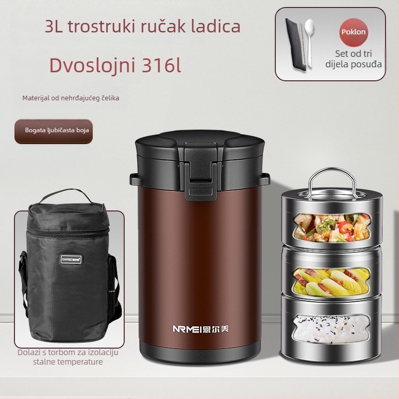 Enermei izolirana kutija za obrok, 316 nehrđajući čelik, četiri sloja, okrugli dizajn