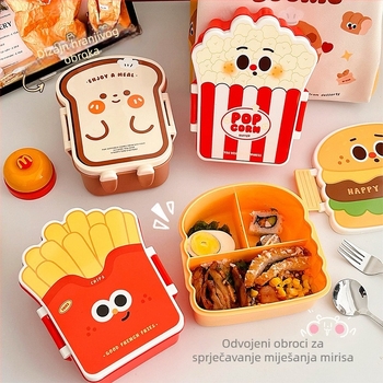 Plastična izolirana kutija za obrok, kvadratnog oblika, s pregradom i priborom, kapacitet 501–800 ml, crtani stil, za školu i ured, nije pogodna za mikrovalnu pećnicu.