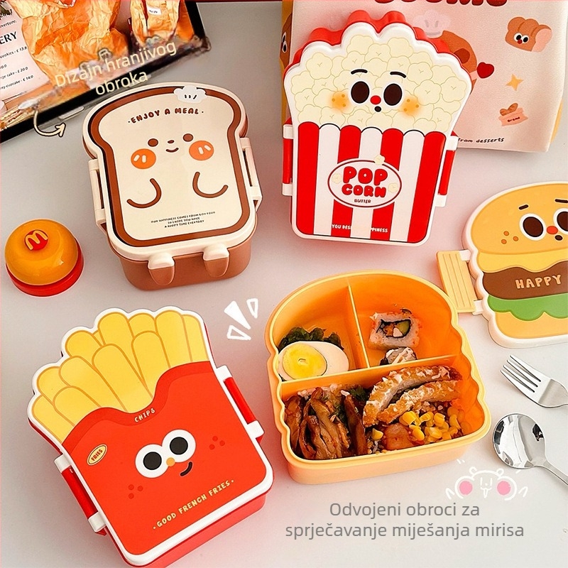 Plastična izolirana kutija za obrok, kvadratnog oblika, s pregradom i priborom, kapacitet 501–800 ml, crtani stil, za školu i ured, nije pogodna za mikrovalnu pećnicu.