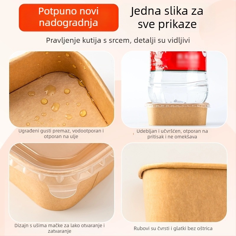 Jednokratna kvadratna kutija za vanjsku dostavu od kraft papira sa nepropusnom papirnom zdjelom, za kampiranje i piknik; nije pogodna za mikrovalnu pećnicu; pogodna za bentó obroke.
