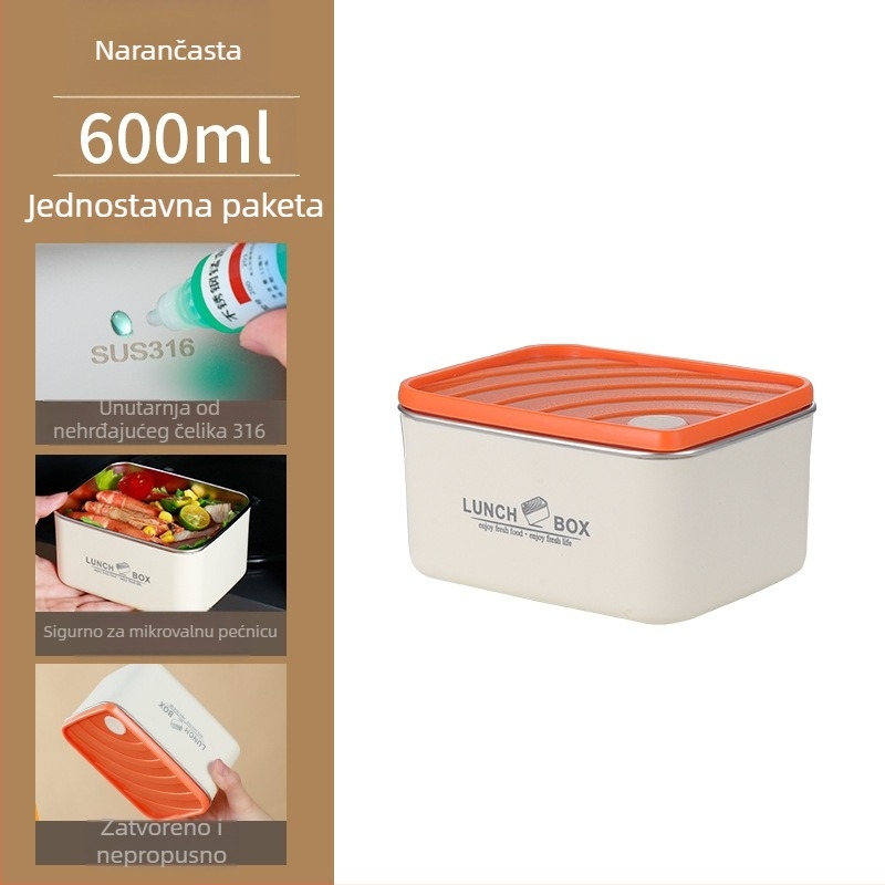 Kutija za obrok od 304 nehrđajućeg čelika, dvostruki sloj, pravokutna, mikrovalna sigurna, 501–800 ml, japanski minimalistički stil, ponovno upotrebljiva, protiv curenja i opekotine