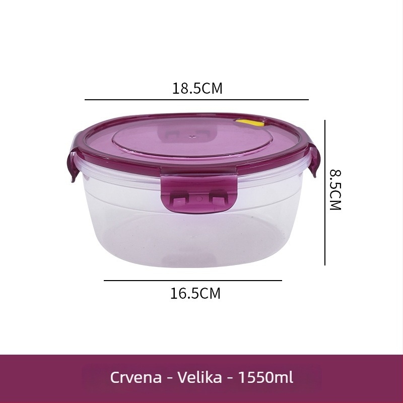 Plastična kutija za ručak s ventilacijskim otvorima, mikrovalna kompatibilna, okruglog oblika, kapacitet 1–2 L, poklop