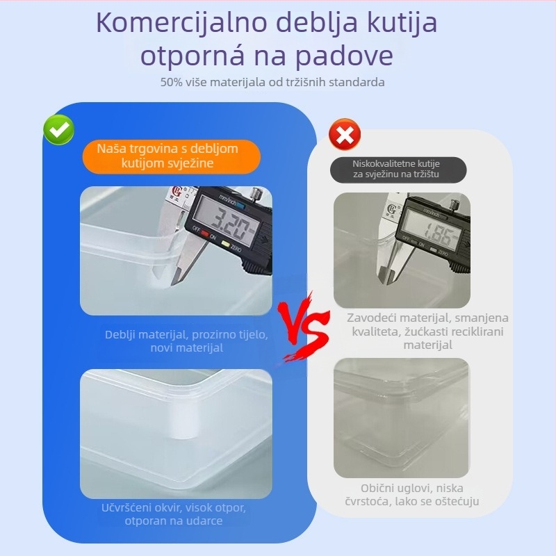 Crisper kutija od plastike, prozirna, pravokutnog oblika, održava hranu toplom, nije pogodna za mikrovalnu pećnicu