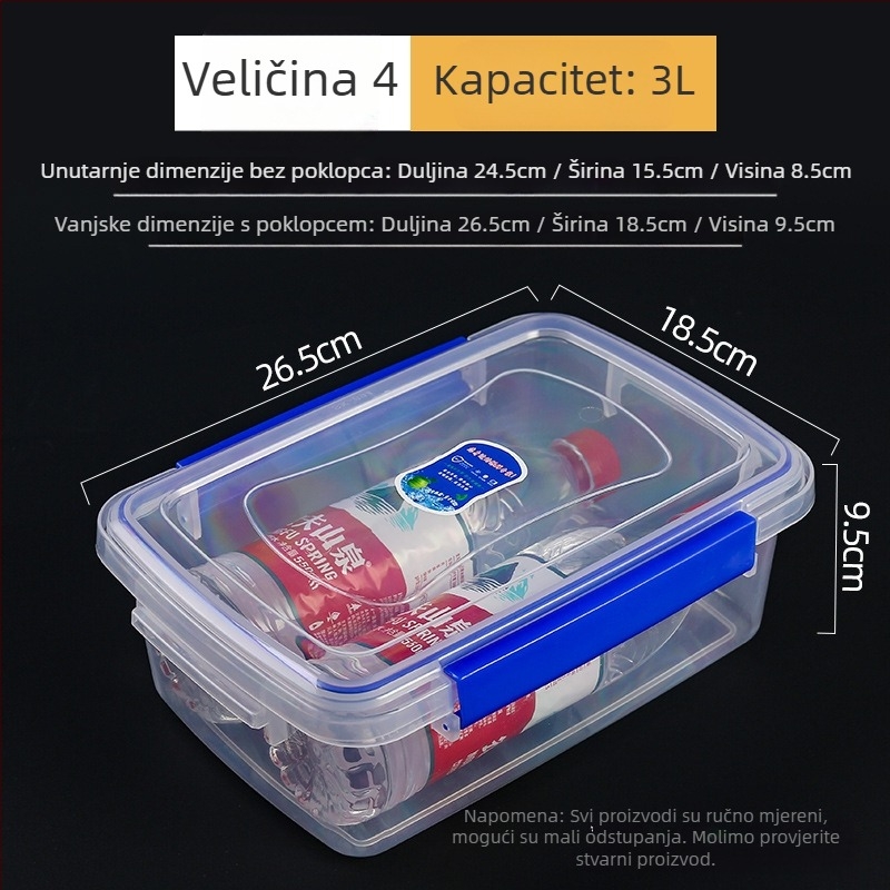 Crisper kutija od plastike, prozirna, pravokutnog oblika, održava hranu toplom, nije pogodna za mikrovalnu pećnicu