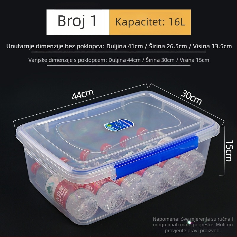 Crisper kutija od plastike, prozirna, pravokutnog oblika, održava hranu toplom, nije pogodna za mikrovalnu pećnicu