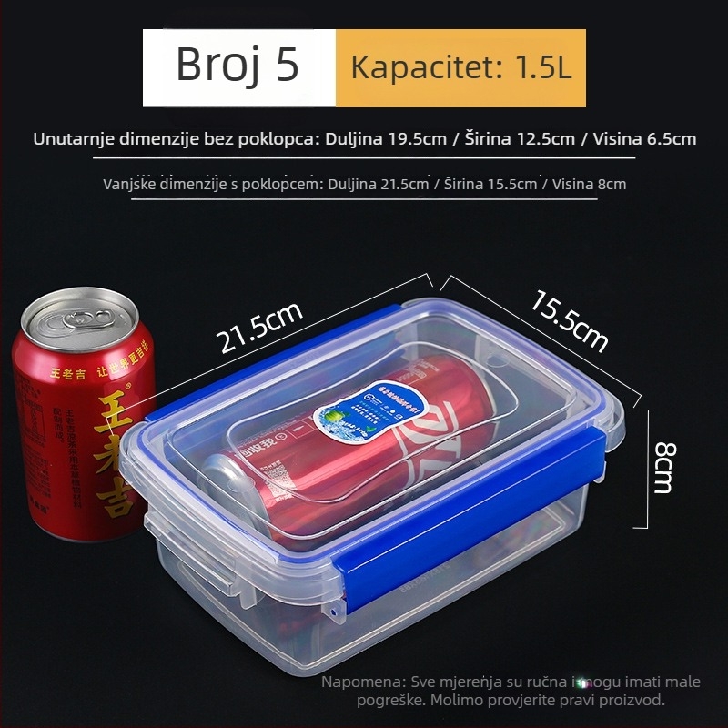 Crisper kutija od plastike, prozirna, pravokutnog oblika, održava hranu toplom, nije pogodna za mikrovalnu pećnicu