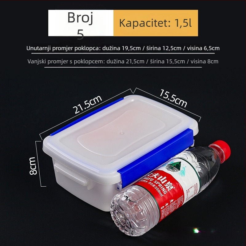 Crisper kutija od plastike, prozirna, pravokutnog oblika, održava hranu toplom, nije pogodna za mikrovalnu pećnicu