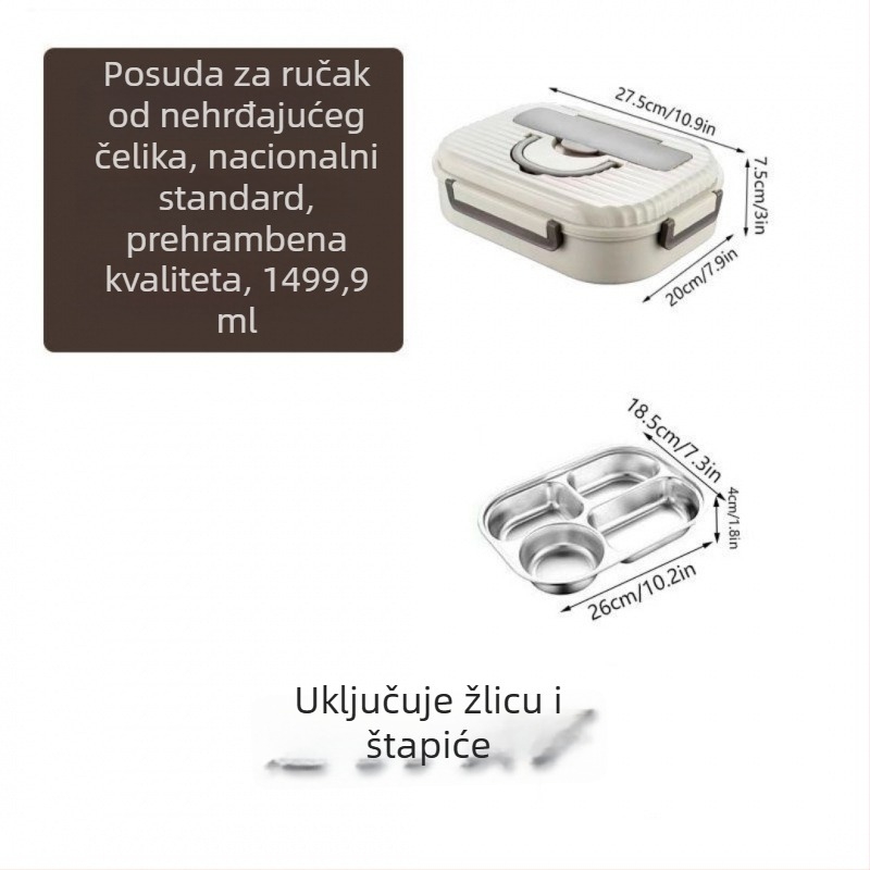 Kutija za ručak od 316 nerđajućeg čelika, izolirana s poklopcem, s četiri odjeljka, prenosiva za ured i školu