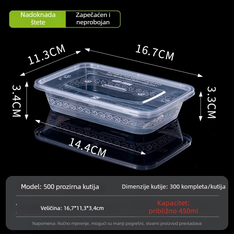 Jednokratna pravokutna kutija za obrok s poklopcem, prozirna, 1000 ml, PP plast, pogodna za mikrovalnu pećnicu