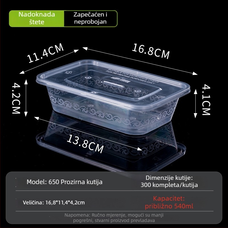 Jednokratna pravokutna kutija za obrok s poklopcem, prozirna, 1000 ml, PP plast, pogodna za mikrovalnu pećnicu