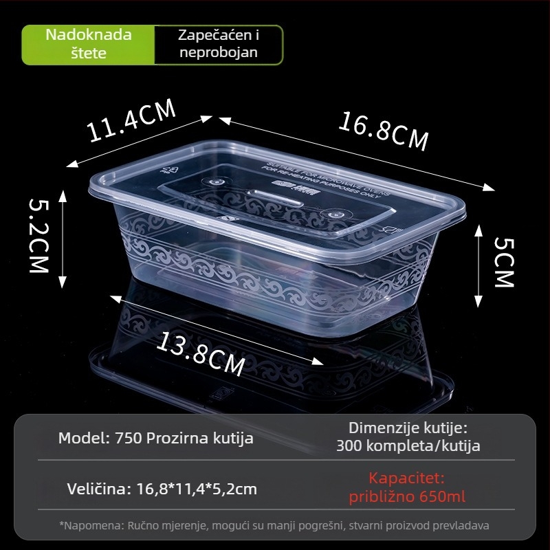 Jednokratna pravokutna kutija za obrok s poklopcem, prozirna, 1000 ml, PP plast, pogodna za mikrovalnu pećnicu