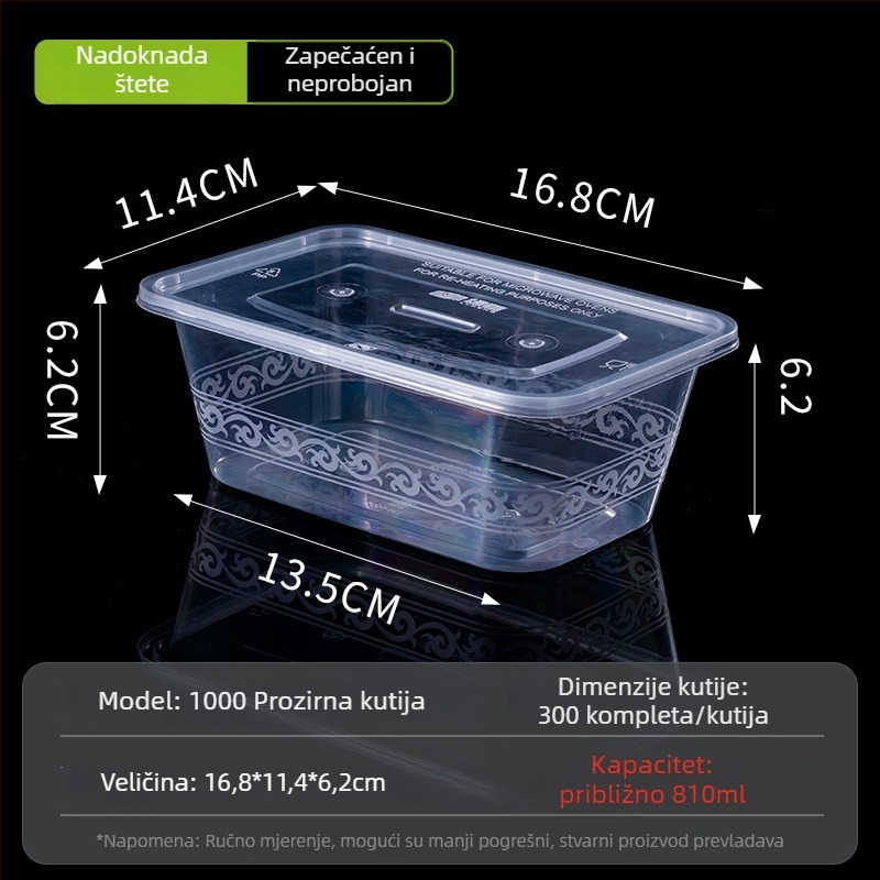 Jednokratna pravokutna kutija za obrok s poklopcem, prozirna, 1000 ml, PP plast, pogodna za mikrovalnu pećnicu