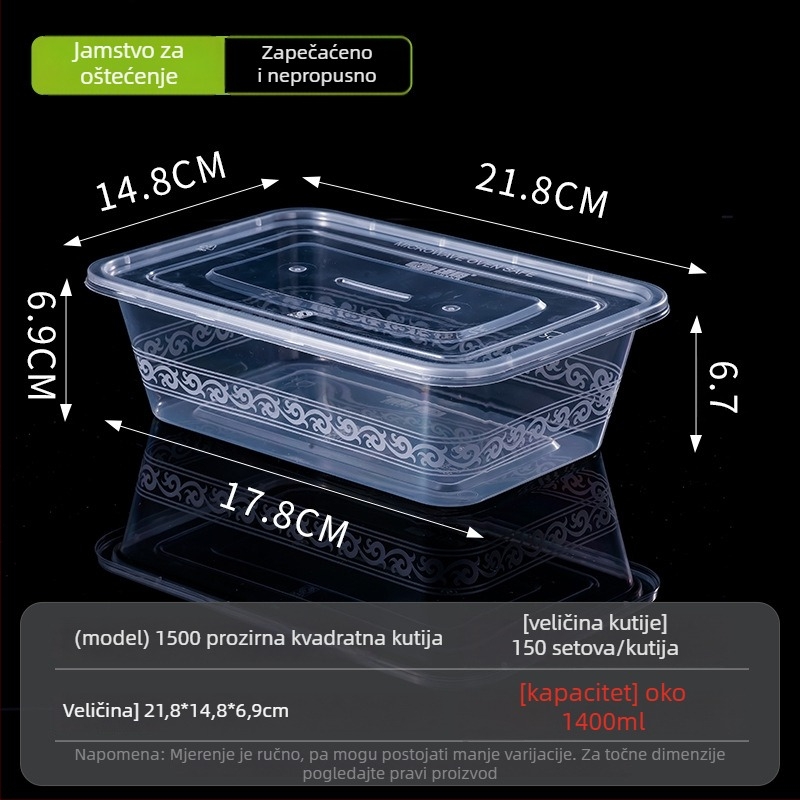 Jednokratna pravokutna kutija za obrok s poklopcem, prozirna, 1000 ml, PP plast, pogodna za mikrovalnu pećnicu