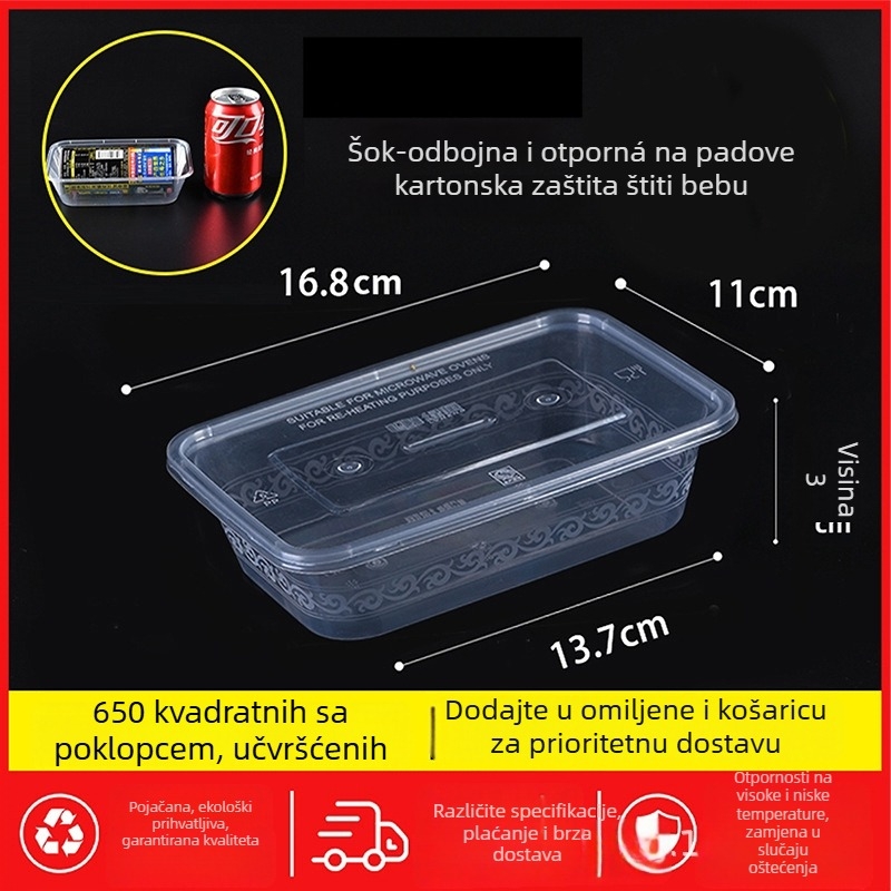 Jednokratna pravokutna kutija za obrok s poklopcem, prozirna, 1000 ml, PP plast, pogodna za mikrovalnu pećnicu