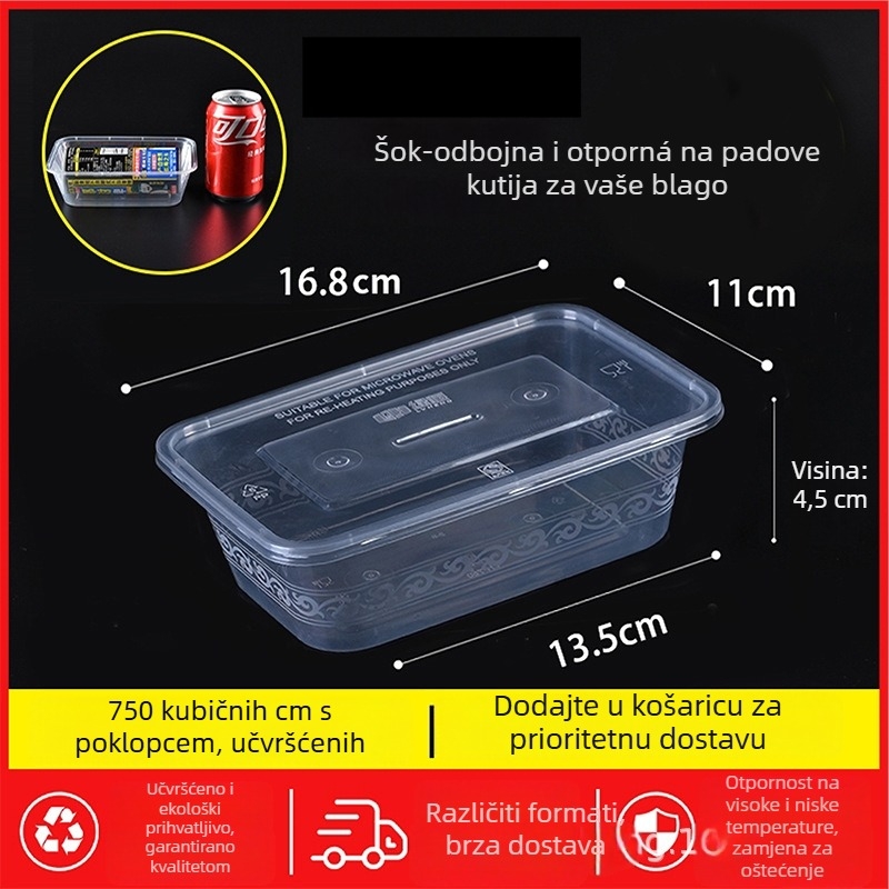 Jednokratna pravokutna kutija za obrok s poklopcem, prozirna, 1000 ml, PP plast, pogodna za mikrovalnu pećnicu